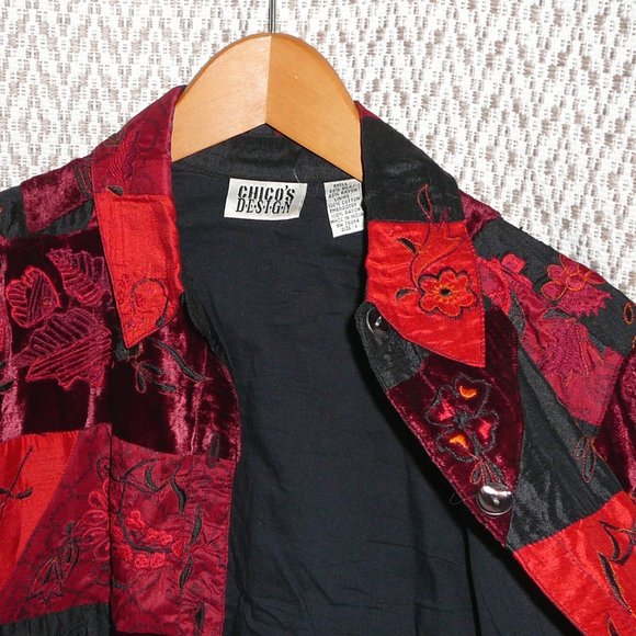Chico's 1 Silk Embroidered Red Black Jacket M - Picture 9 of 9